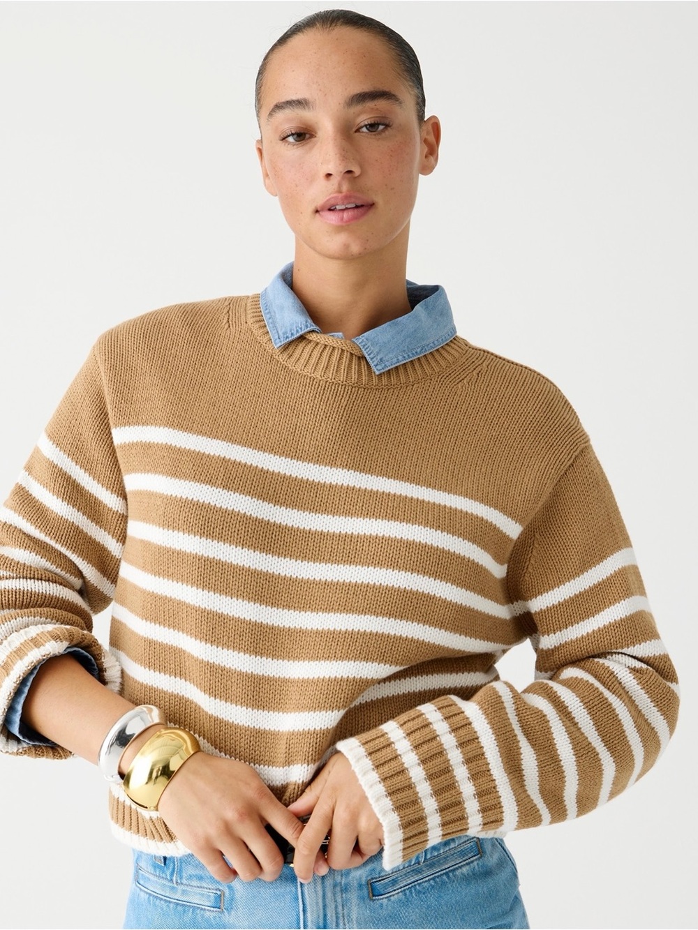 J Crew Womens Roll Neck Sweater Preppy Camel Ivory Striped Cotton Coastal Sz S